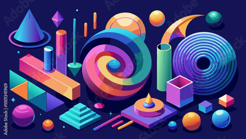 A set of  abstract colorful realistic 3D objects. Gradient lines, geometric and fluid shapes, spirals, arrow. Vector set icons stock illustration  photo