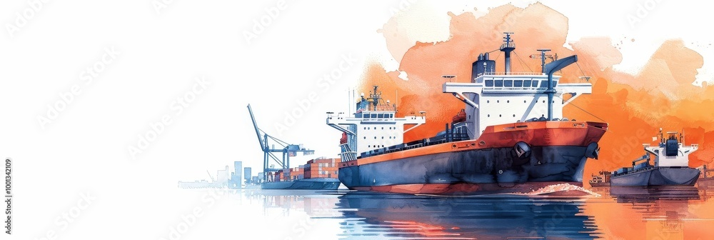 Busy logistics harbor with a variety of cargo handling equipment, harbor view, active and efficient, watercolour Busy logistics harbor with a variety of cargo handling equipment, harbor view, active and efficient, watercolour
