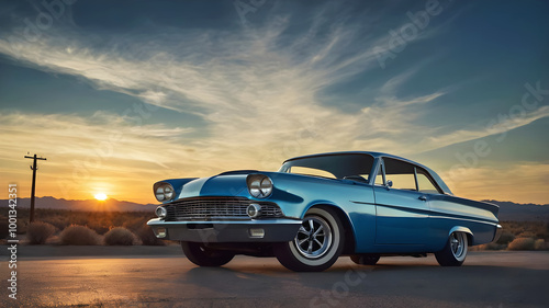 Beautiful unique blue vintage hot rod car parked in the street , automotive background, tuning template, auto transport