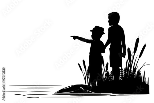 Children and pets silhouettes on white background. Little boys playing on the shore. Vector illustration.	
