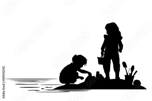 Children and pets silhouettes on white background. Little girls playing on the shore sand. Vector illustration.	

