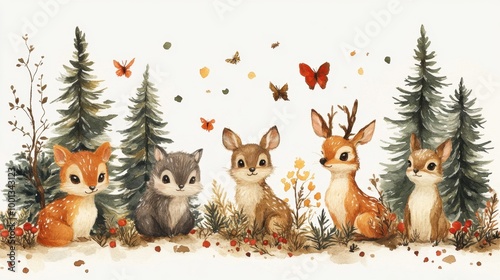 A charming illustration depicting various animals coming together to celebrate around their own version(s)of natural forest-themed evergreen trees