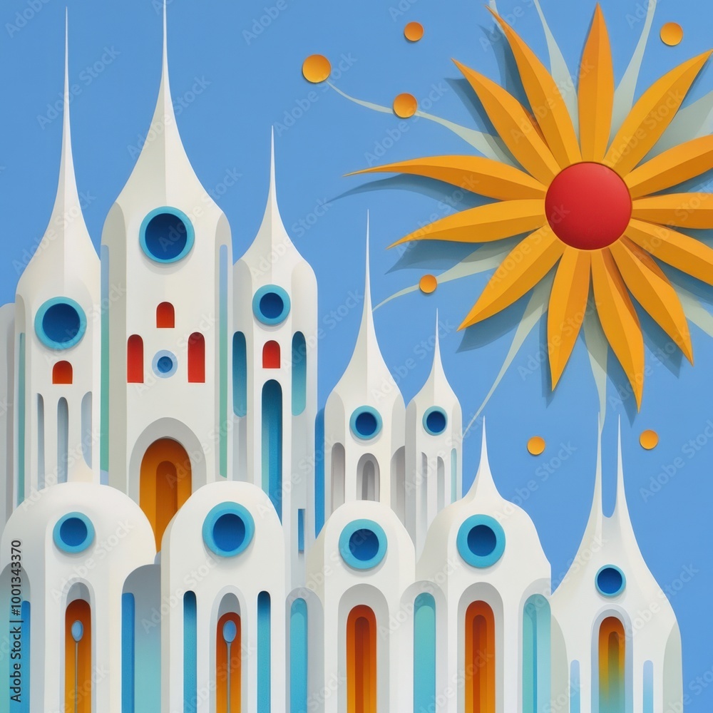 Colorful castle with spires under a bright sun in a whimsical landscape illustration