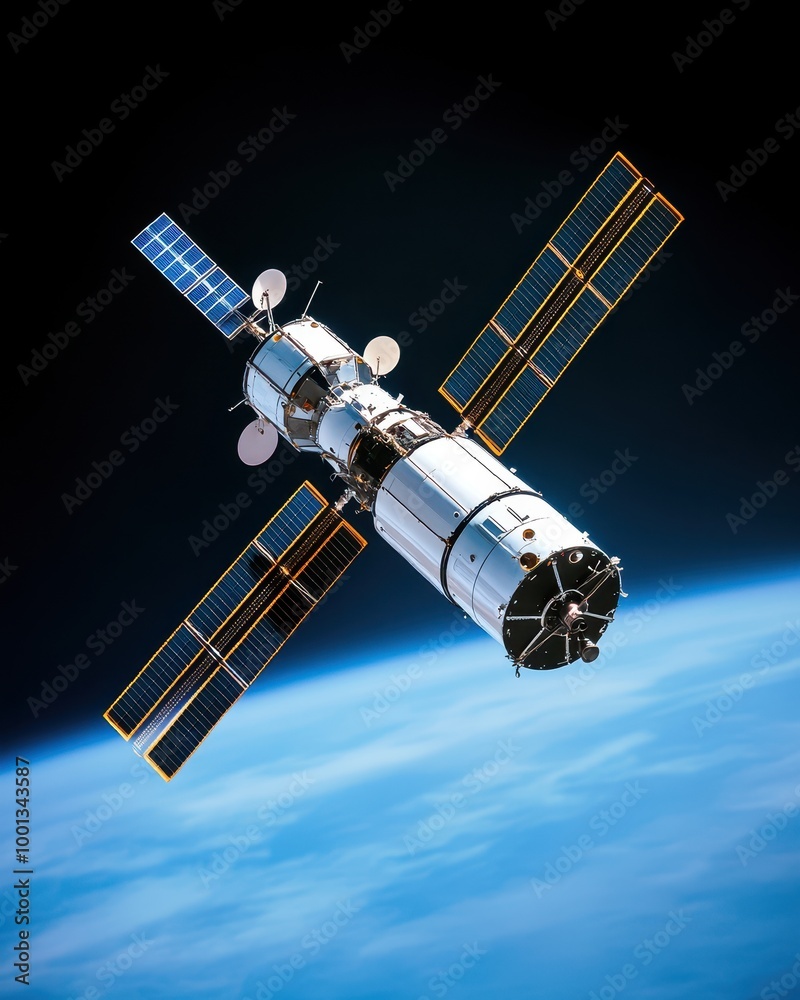 Satellite in Orbit Over Earth Against Space Background Satellite in Orbit Over Earth Against Space Background