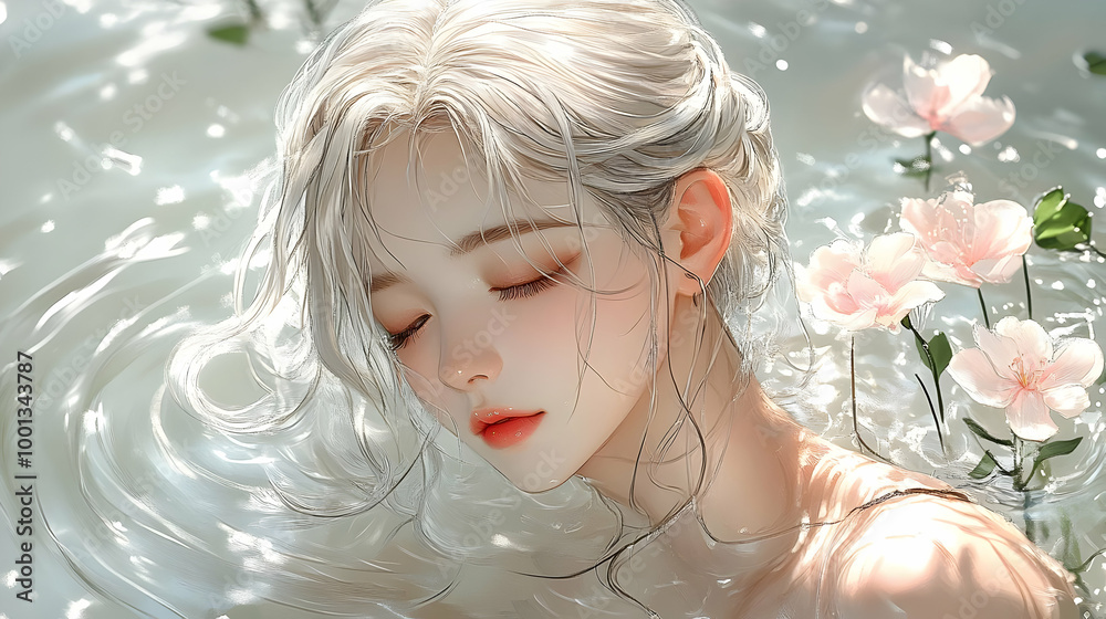 Water, Flowers, and a Girl: Digital Art Illustration Water, Flowers, and a Girl: Digital Art Illustration