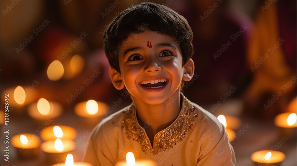 Joyful Boy Celebrating with Candles and Warm Light Joyful Boy Celebrating with Candles and Warm Light
