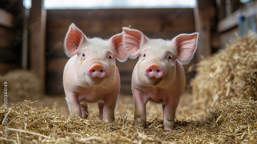 Adorable Pair of Piglets Standing on Straw in a Barn with Wooden Walls in the Background Adorable Pair of Piglets Standing on Straw in a Barn with Wooden Walls in the Background