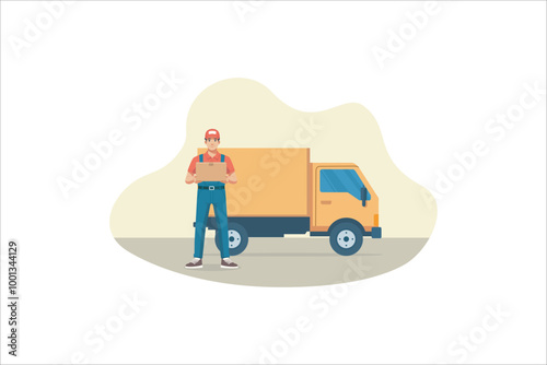 Delivery service. Delivery man holding a parcel with his truck. Vector illustration.
