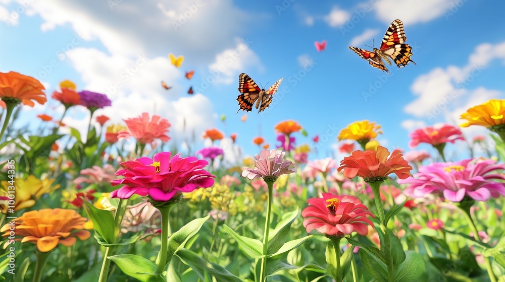 A dynamic view of a colorful zinnia garden, filled with blooms attracting buzzing bees and butterflies. A dynamic view of a colorful zinnia garden, filled with blooms attracting buzzing bees and butterflies.