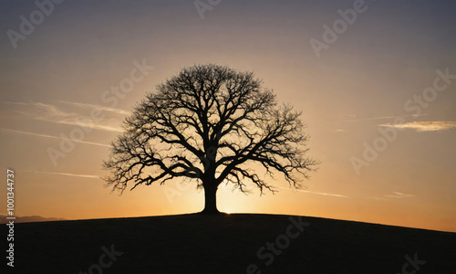 A bare-branched tree stands silhouetted against a golden sunset in the evening