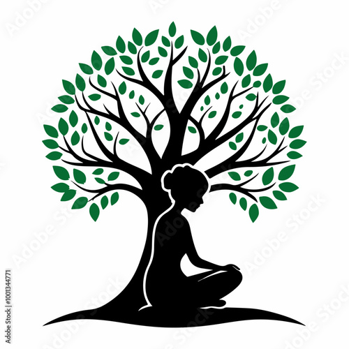 Stylized Girl Meditating Under Tree of Life with Heart and Falling Leaves.