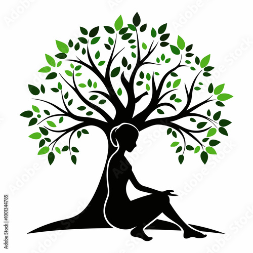 Stylized Girl Meditating Under Tree of Life with Heart and Falling Leaves.