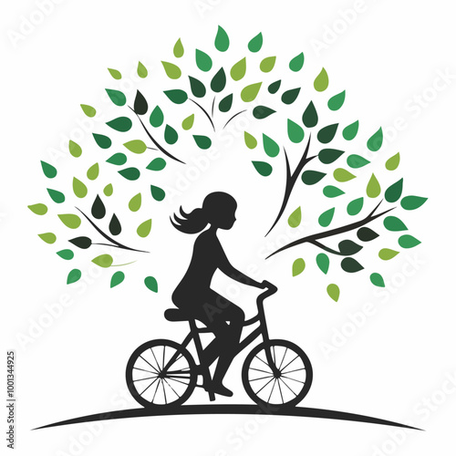 Stylized Girl Meditating cycling  Under Tree of Life with  Falling Leaves.
