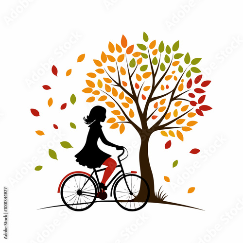 Stylized Girl Meditating cycling  Under Tree of Life with  Falling Leaves.