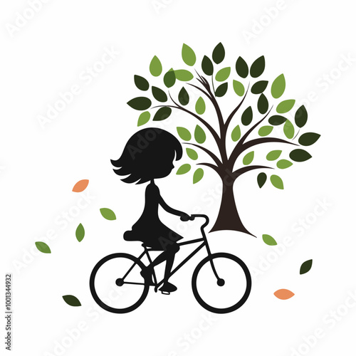 Stylized Girl Meditating cycling  Under Tree of Life with  Falling Leaves.
