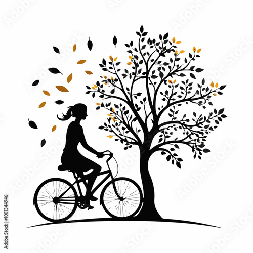 Stylized Girl Meditating cycling  Under Tree of Life with  Falling Leaves.