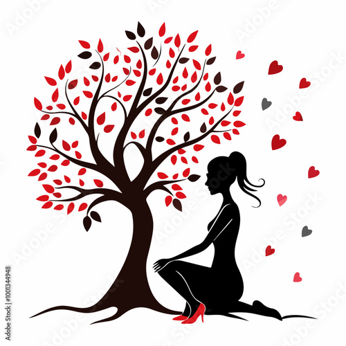 Stylized Girl Meditating Under Tree of Life with Heart and Falling Leaves.