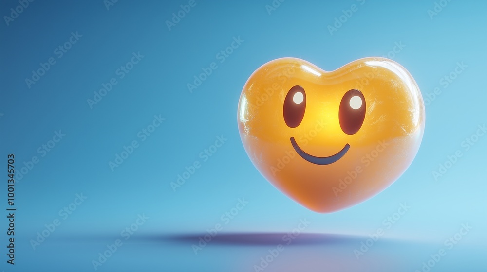 A glossy heart-eyes emoji floating in mid-air, glowing softly against a gradient blue backdrop, with detailed textures on the surface. A glossy heart-eyes emoji floating in mid-air, glowing softly against a gradient blue backdrop, with detailed textures on the surface.