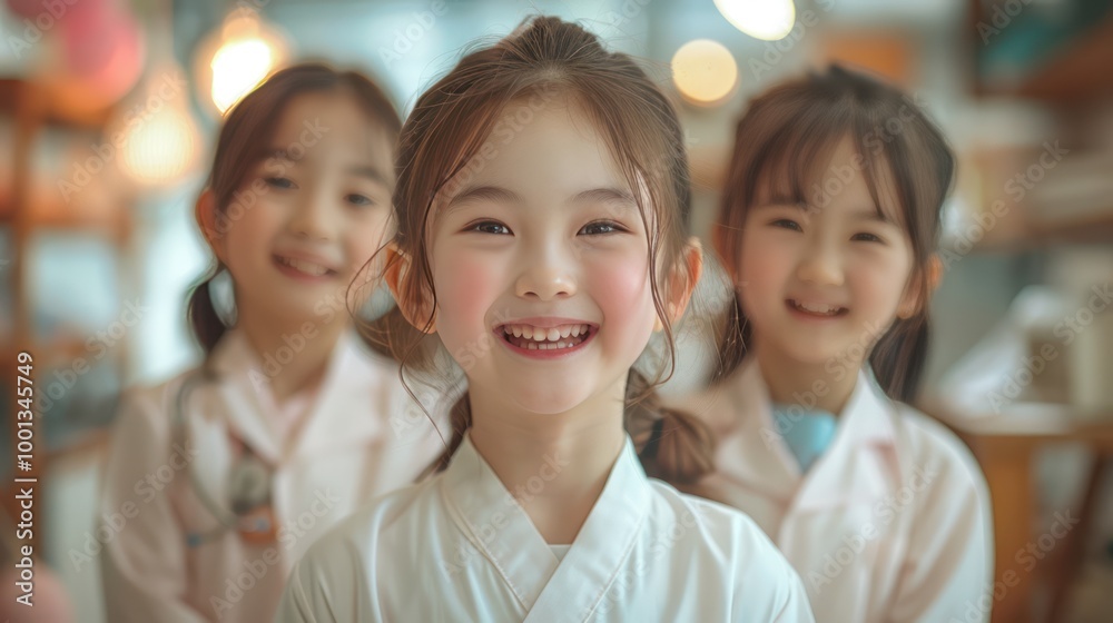 Joyful Asian Girl in White Nurse Uniform Laughing on Pastel Background Joyful Asian Girl in White Nurse Uniform Laughing on Pastel Background