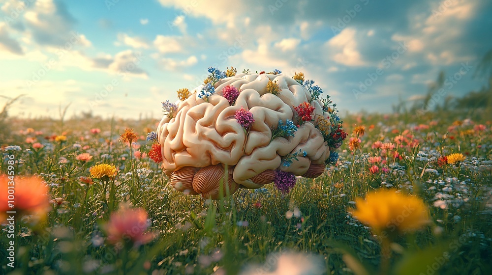 Surreal Brain Sculpture in a Vibrant Flower Field Under a Blue Sky with Clouds Surreal Brain Sculpture in a Vibrant Flower Field Under a Blue Sky with Clouds