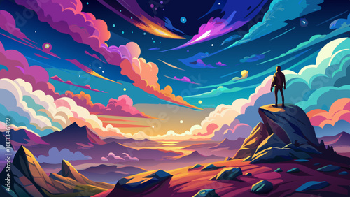 A lone person standing on a rocky peak above the clouds, with a dramatic sky filled with stars and colorful clouds in the background