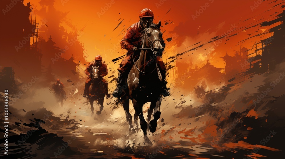 Fototapeta premium horse racing with red silhouette.