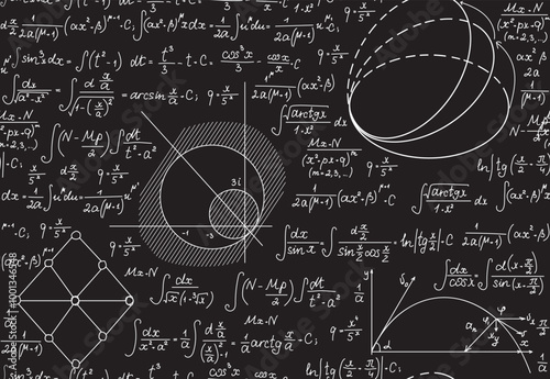 Math scientific vector seamless pattern with handwritten figures, formulas and geometry plots
