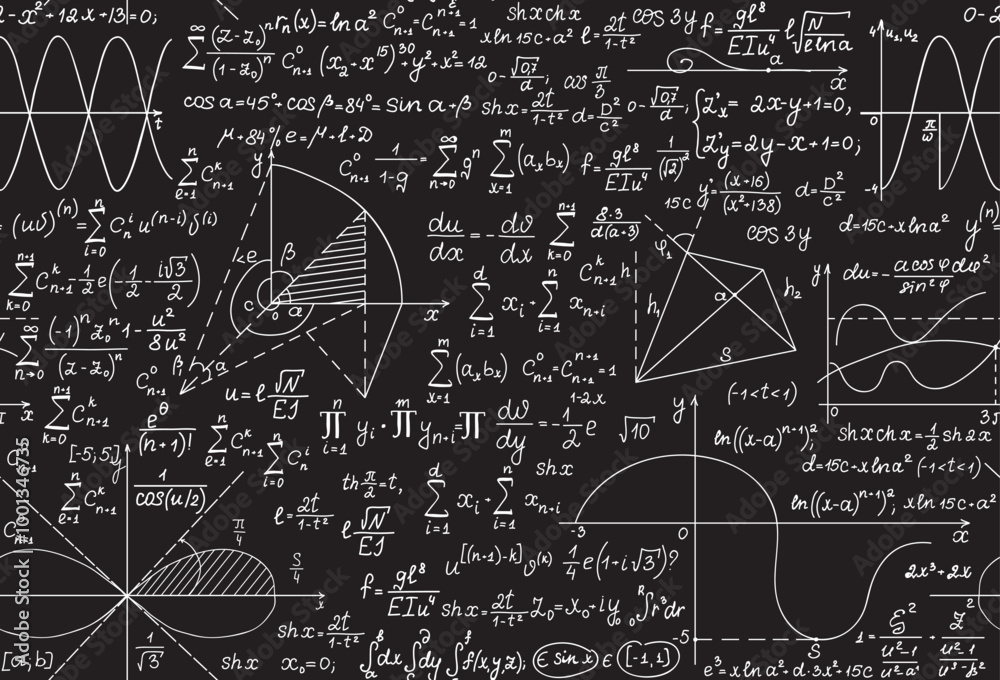 Math scientific vector seamless pattern with handwritten equations, formulas and calculations
