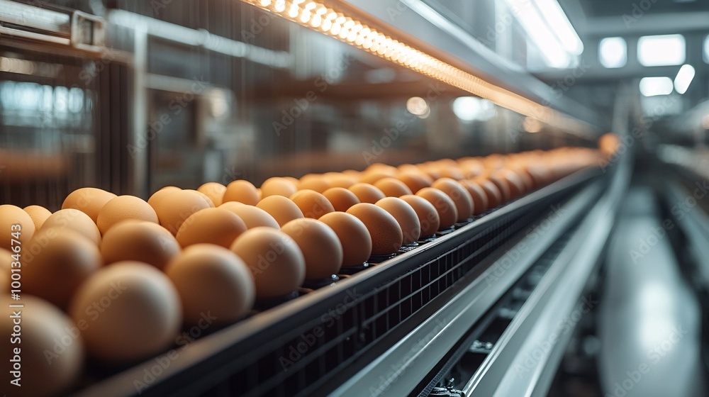 Automated Egg Production Line in Modern Poultry Farm with Conveyor Belt and Fresh Eggs Under Soft Lighting Automated Egg Production Line in Modern Poultry Farm with Conveyor Belt and Fresh Eggs Under Soft Lighting