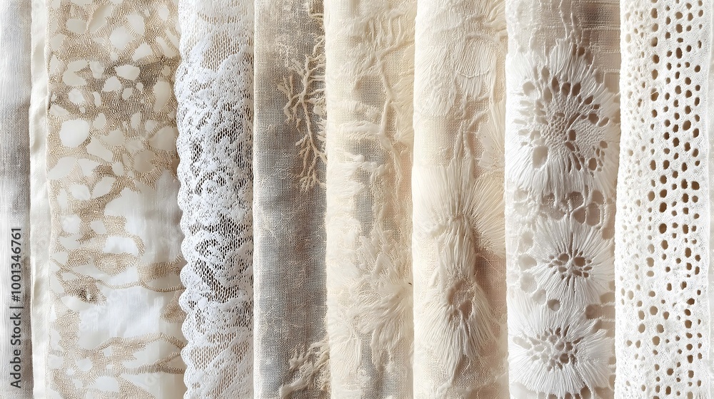 Obraz premium Creamy Lace and Textile Collection: A luxurious display of delicate lace and embroidered textiles in various creamy beige shades, showcasing intricate patterns and textures.