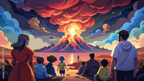 A group of people, likely a family, watching a massive volcanic eruption in the distance. The sky is filled with dark, billowing clouds of ash and smoke, creating an ominous and dramatic scene.