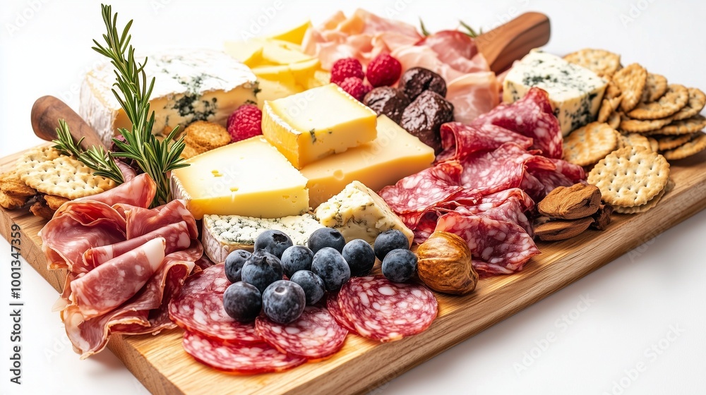 A high-definition shot of a charcuterie board with assorted cheeses, meats, and crackers, arranged on a white background.