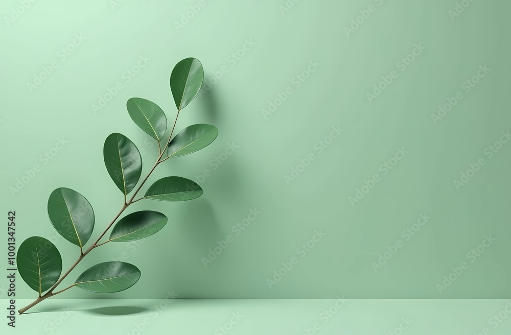 Green eucalyptus branch on green background, cosmetics demonstration, with space for copy. Green eucalyptus branch on green background, cosmetics demonstration, with space for copy.