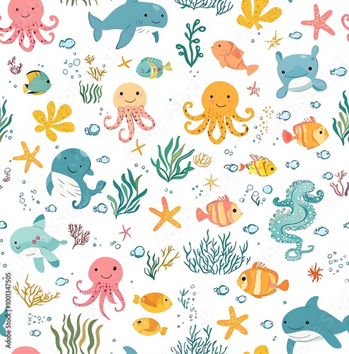 A seamless pattern of cute sea animals