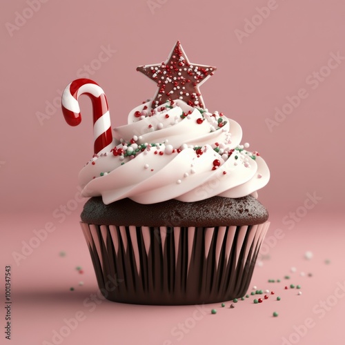 A cute 3D rendering of a chocolate cupcake with whipped cream and sprinkles, featuring small holiday decorations like a Christmas star and candy cane