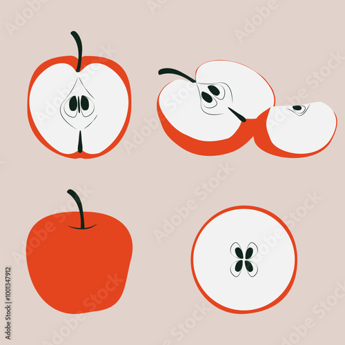 A set of whole, halved and sliced red apples. Isolated on a light background. Vector illustration.