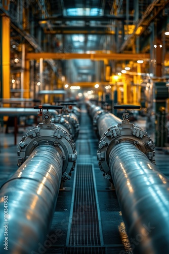 Close-up of interconnected steel pipelines and industrial valves in a large factory setting, with the expansive building interior visible in the background