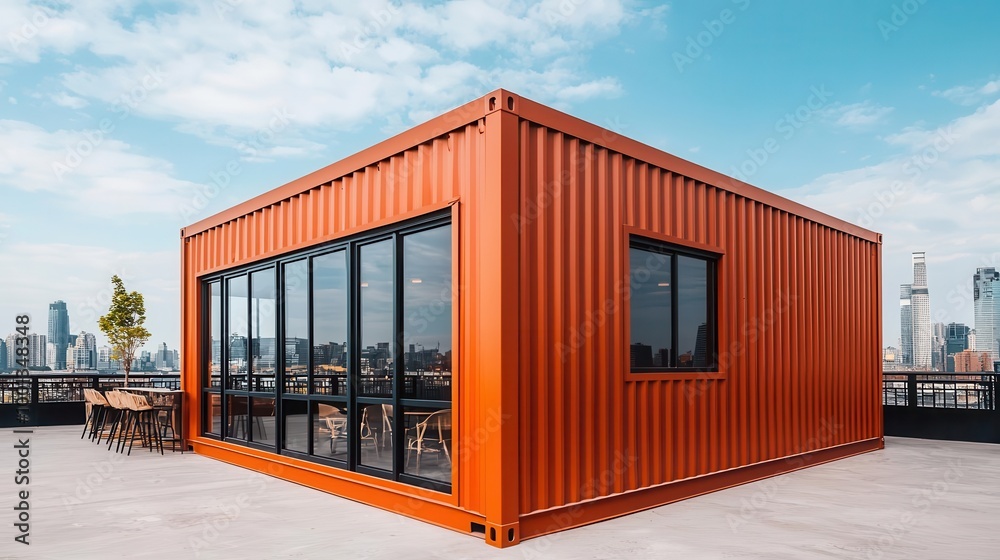 Fototapeta premium Industrial-style container coffee shop exterior with corrugated metal siding, wooden deck, and urban city backdrop