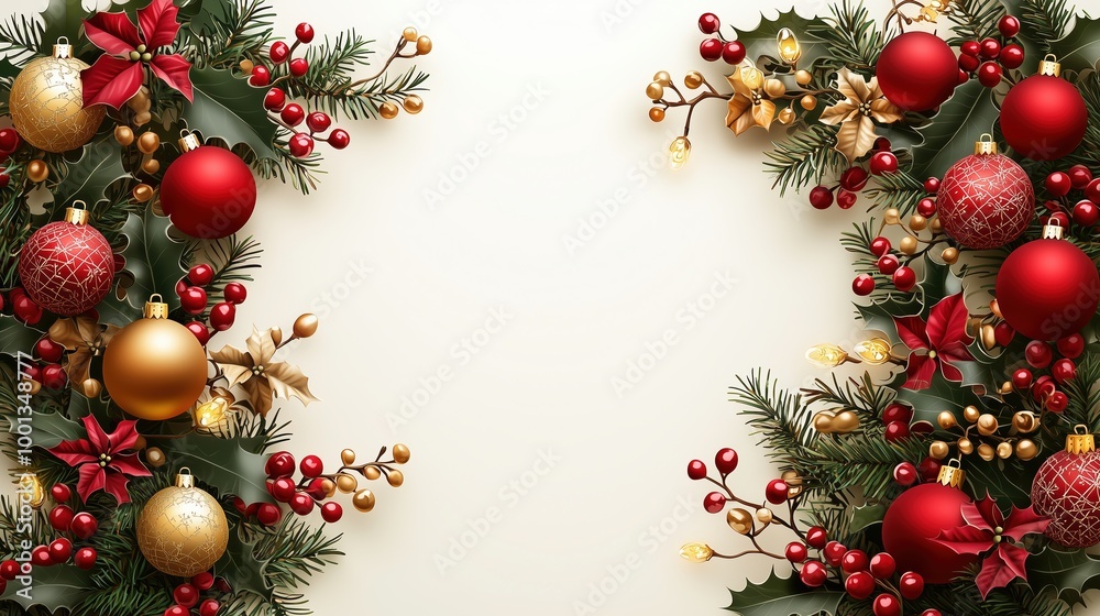 Christmas Garland Frame with Red and Yellow Baubles, Holly Leaves, and Lights on a White Background. Christmas Garland Frame with Red and Yellow Baubles, Holly Leaves, and Lights on a White Background.