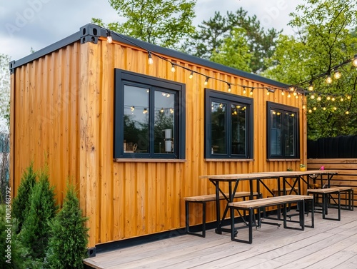 Rustic container coffee shop exterior with wooden cladding, string lights, and surrounded by a tranquil garden