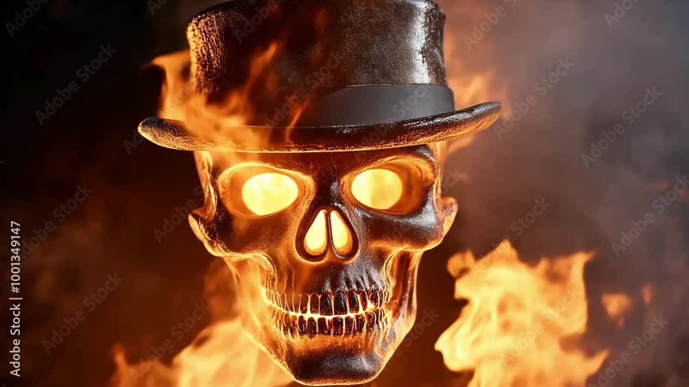 skull in fire, skull in vintage hat on fire