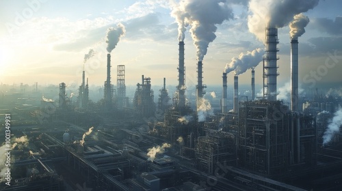 A city skyline with many factories and a lot of smoke