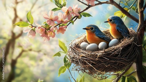 A beautiful bird family in their nest with eggs, set against a beautiful spring background. The image is highly detailed, realistic, and vibrant, with natural 