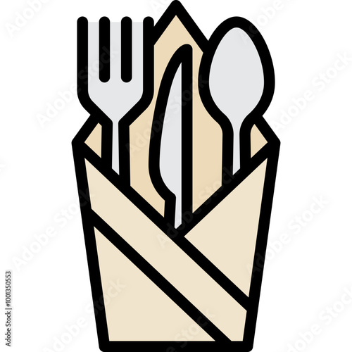 napkin wrap fork knife and spoon for meals in an eatery or restaurant filled outline icon