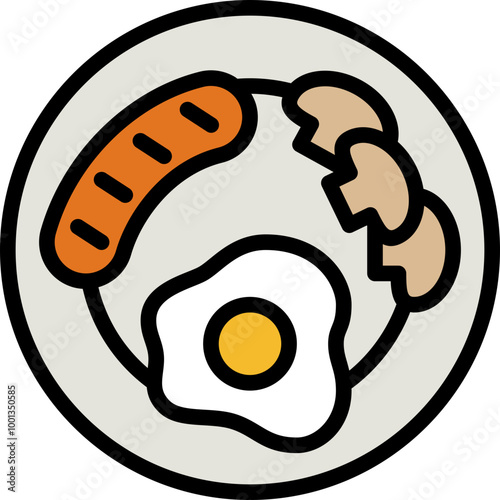 breakfast meal consisting of sausage fried egg mushroom on a plate filled outline icon