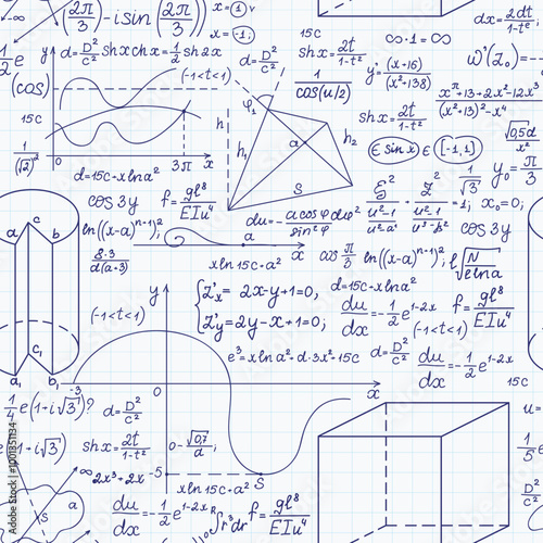 "Back to school" vector seamless pattern with handwritten math formulas, figures, calculations on grid copybook sheet of paper