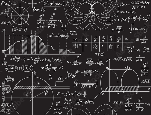 Educational vector "Back to school" seamless background with handwritten math calculations, figures and formulas