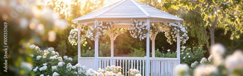 White gazebo surrounded by hydrangeas and roses in an elegant garden