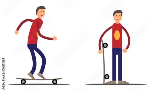 Happy Sportsman on the Skateboard Flat Style. Sports and outdoor activity leisure game concept vector