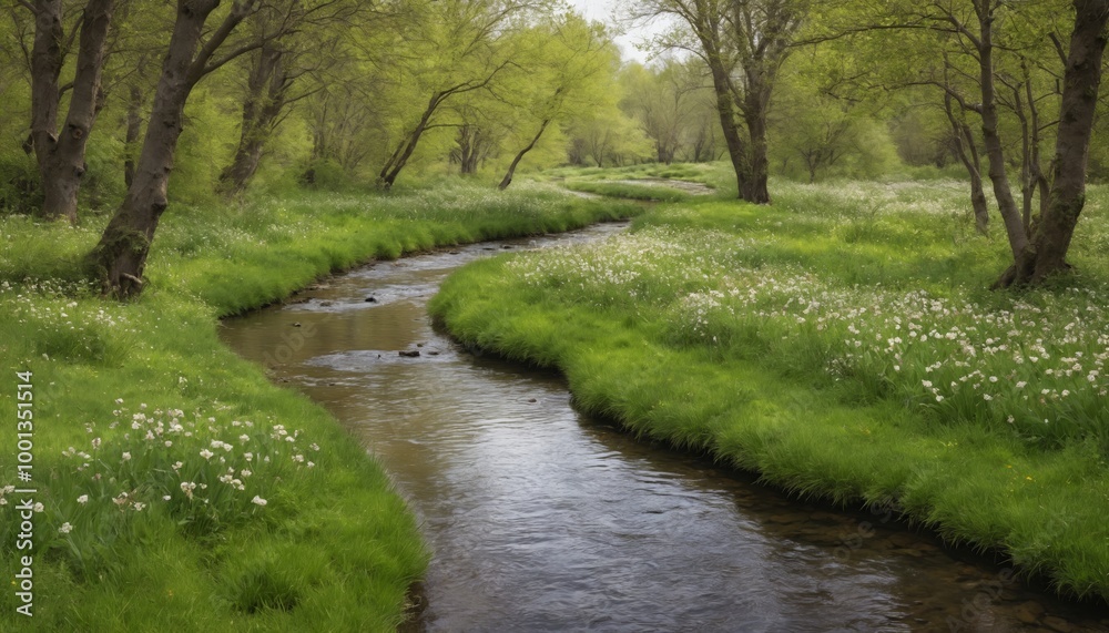 A tranquil spring day along the winding stream, surrounded by lush greenery and blossoming wildflowers in a serene forest setting A tranquil spring day along the winding stream, surrounded by lush greenery and blossoming wildflowers in a serene forest setting